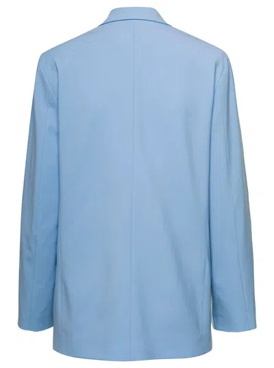 Shop Msgm Light Blue Double-breasted Jacket With Buttoned Sleeves In Stretch Wool Woman