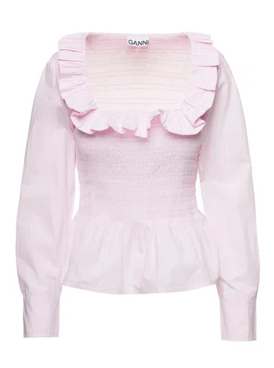 Shop Ganni Light Pink Open-neck Blouse With Ruffles In Cotton Woman