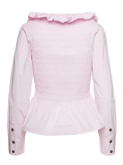 Shop Ganni Light Pink Open-neck Blouse With Ruffles In Cotton Woman