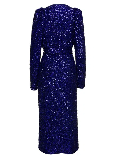 Shop Rotate Birger Christensen Long Blue Wrap Dress With All-over Sequins In Stretch Polyester Woman Rotate