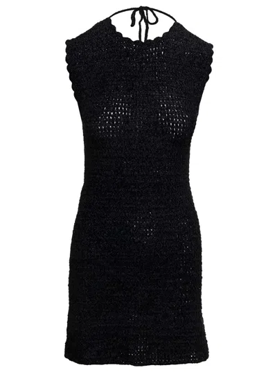 Shop Ganni Mini Black Backless Dress With Logo Embroidery In Crochet Woman