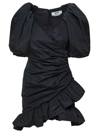 Shop Msgm Mini Black Dress With Puff Sleeves And All-over Gatherings In Taffeta Woman