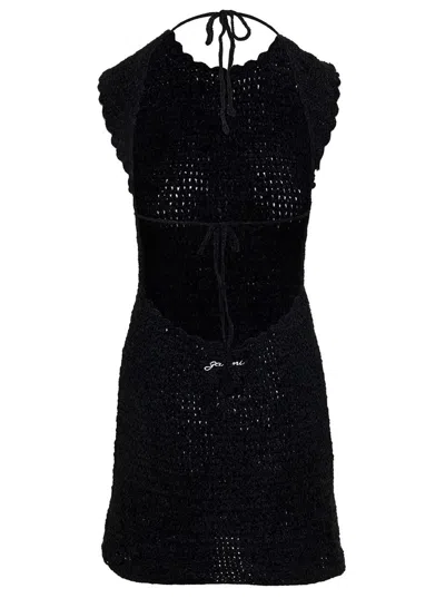 Shop Ganni Mini Black Backless Dress With Logo Embroidery In Crochet Woman