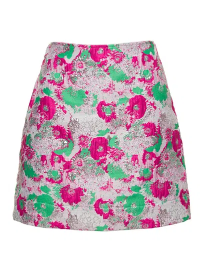 Shop Ganni Multicolor Mini A-line Skirt With 3d Jacquard Floreal Motif In Recycled Polyester Woman