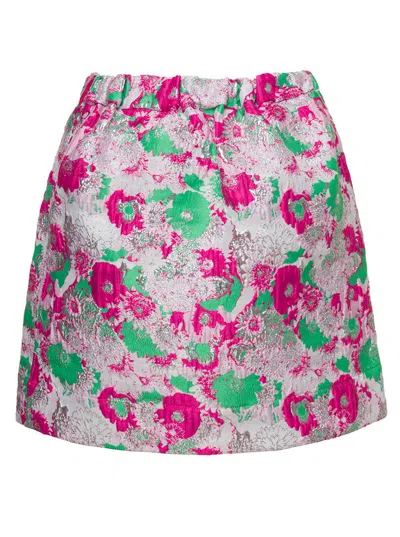 Shop Ganni Multicolor Mini A-line Skirt With 3d Jacquard Floreal Motif In Recycled Polyester Woman