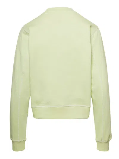 Shop Ganni Yellow Crewneck Sweater With Logo Print And Contrasting Stitching In Cotton Woman