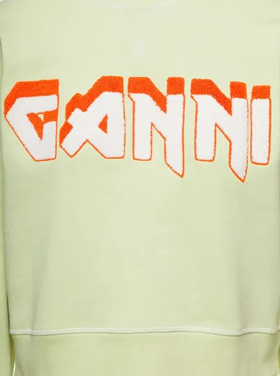 Shop Ganni Yellow Crewneck Sweater With Logo Print And Contrasting Stitching In Cotton Woman