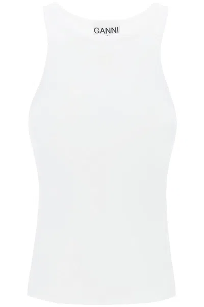 Shop Ganni Slim Fit Ribbed Tank Top In White