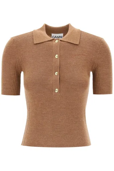 Shop Ganni Merino Wool Polo Shirt In Brown