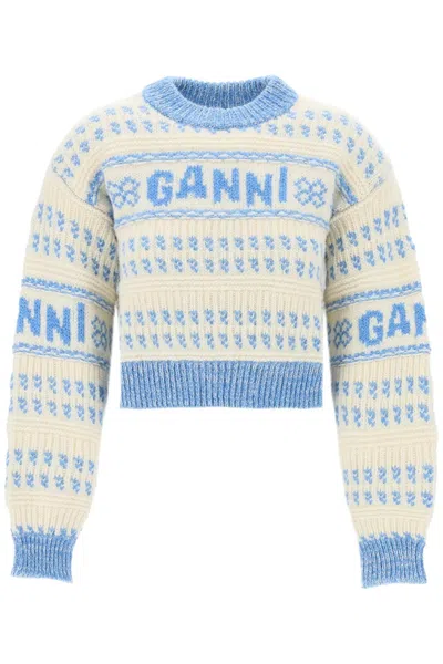 Shop Ganni Cropped Wool Jacquard Pul In White,blue