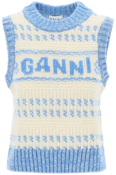 Shop Ganni Organic Wool Knit Vest In White,light Blue