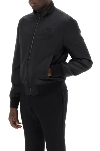 Shop Balmain Technical Satin Bomber Jacket With Embroidered Logo. In Black