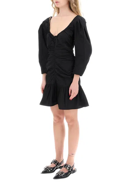 Shop Ganni Mini Poplin Dress With Curved Sleeves In Black