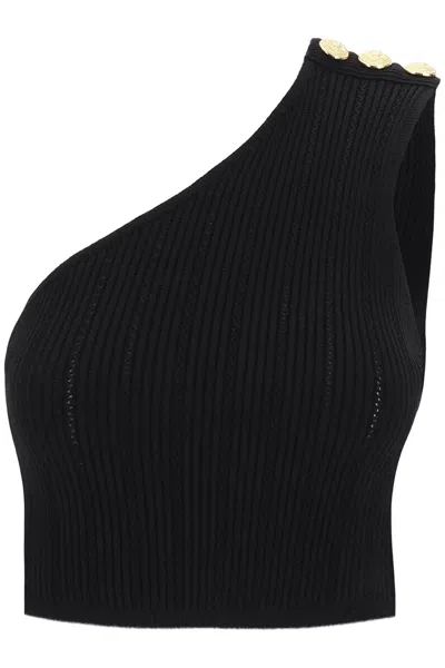 Shop Balmain One Shoulder Crop Top With Emb In Black