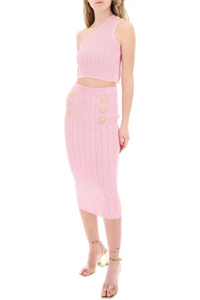 Shop Balmain One Shoulder Crop Top With Emb In Pink