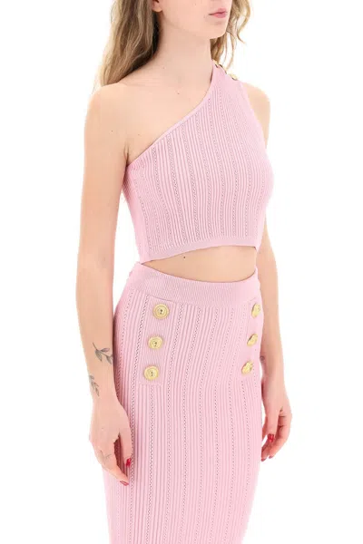 Shop Balmain One Shoulder Crop Top With Emb In Pink