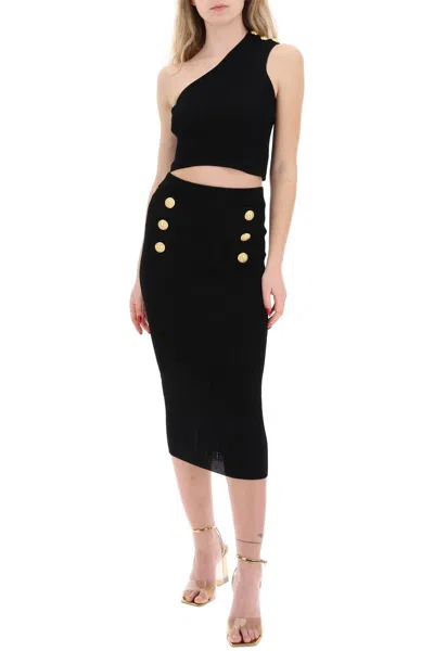 Shop Balmain "knitted Midi Skirt With Embossed In Black