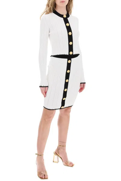 Shop Balmain Bicolor Knit Cardigan With Embossed Buttons In White,black