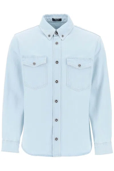 Shop Versace "medusa Denim Shirt In Light Blue