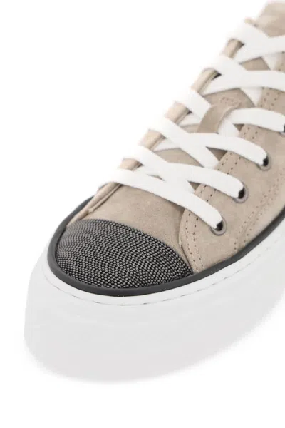 Shop Brunello Cucinelli Suede Sneakers With Precious Toe Design In Neutro