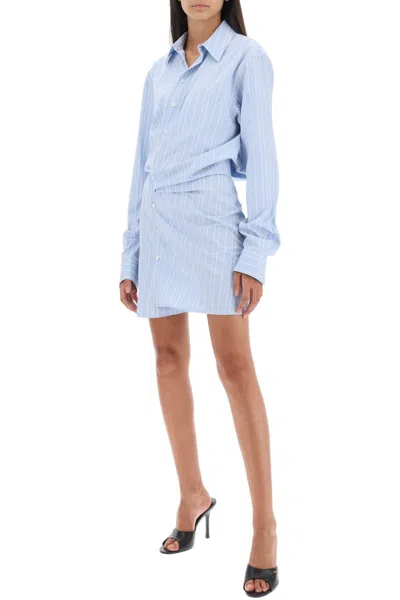Shop Off-white Off White Striped Poplin Mini Shirt Dress In Light Blue