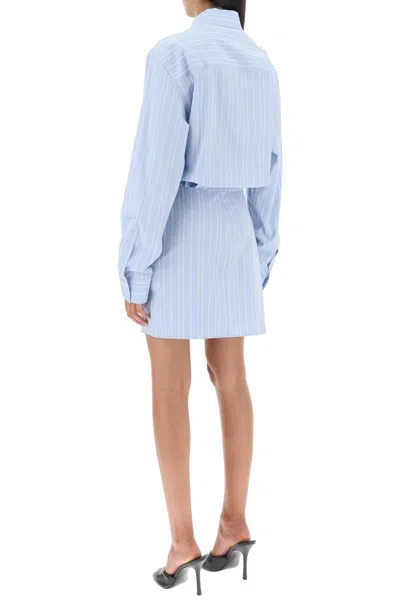 Shop Off-white Off White Striped Poplin Mini Shirt Dress In Light Blue