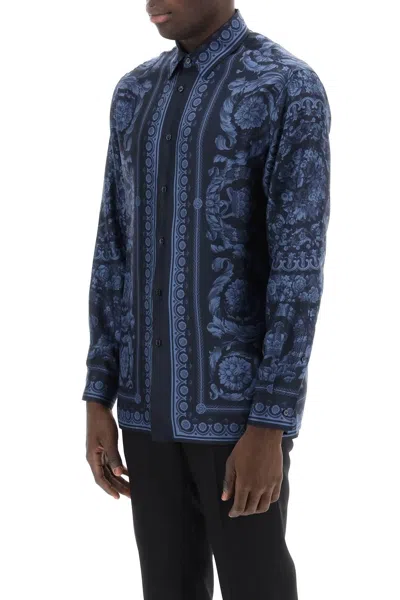Shop Versace Barocco Silk Shirt In Blue
