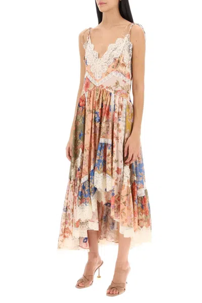 Shop Zimmermann August Asymmetric Dress With Lace Trims In Multicolor