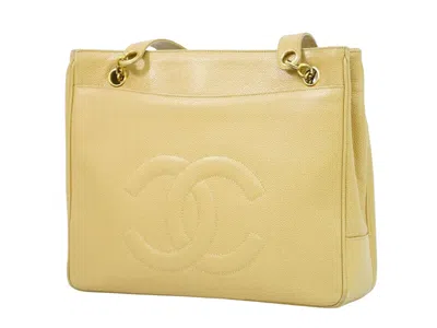 Pre-owned Chanel Logo Cc Beige Leather Tote Bag ()