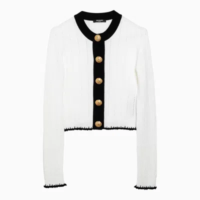 Shop Balmain Black/white Viscose Buttoned Cardigan
