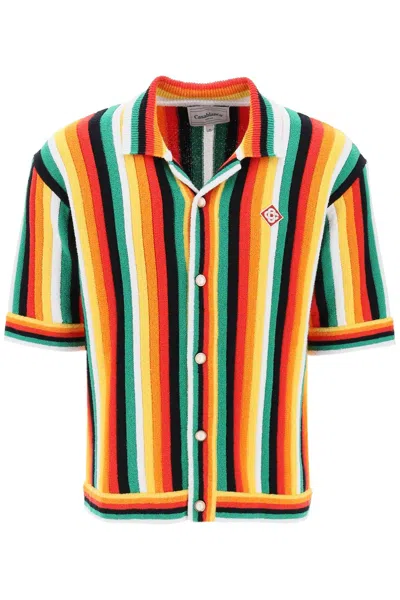 Shop Casablanca Striped Knit Bowling Shirt With Nine Words