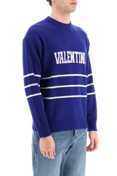 Shop Valentino Pullover With Jacquard Lettering Logo Men In Blue