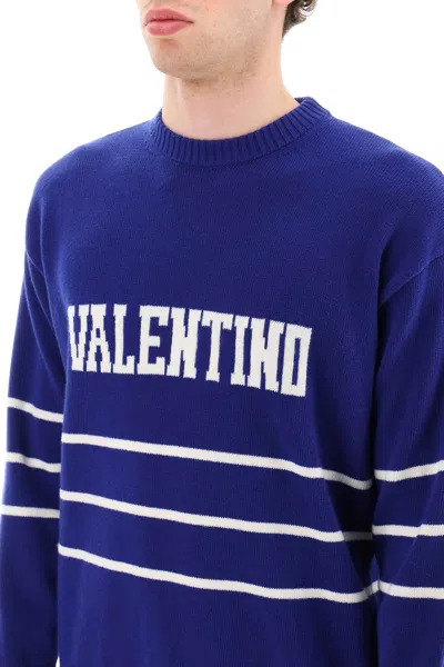 Shop Valentino Pullover With Jacquard Lettering Logo Men In Blue