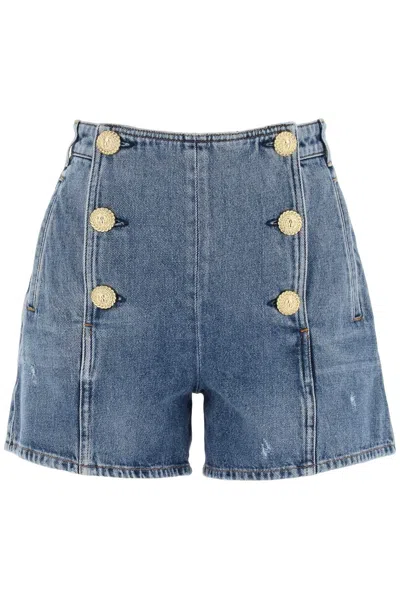 Shop Balmain "striped Denim Shorts With Embossed Buttons
