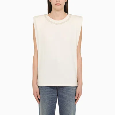 Shop Golden Goose White Cotton Tank Top With Pearl Detail