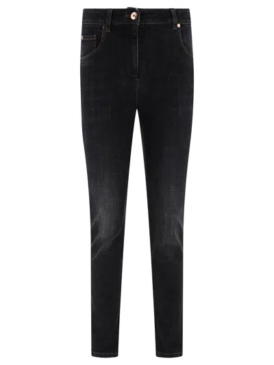 Shop Brunello Cucinelli Jeans With Shiny Leather Tab In Black