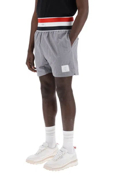 Shop Thom Browne Nylon Bermuda Shorts With Elastic Band In Red In Grey