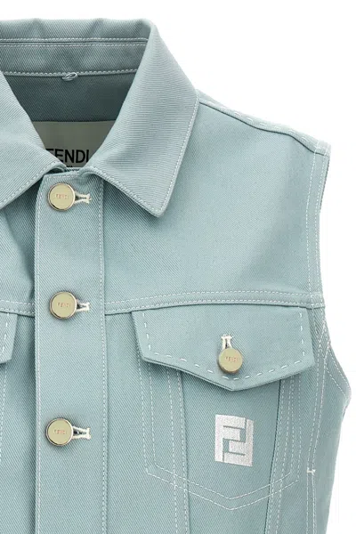 Shop Fendi Women Logo Embroidery Denim Vest In Blue