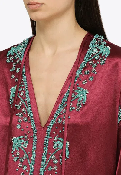 Shop Valentino Bead Embellished Silk Blouse In Burgundy