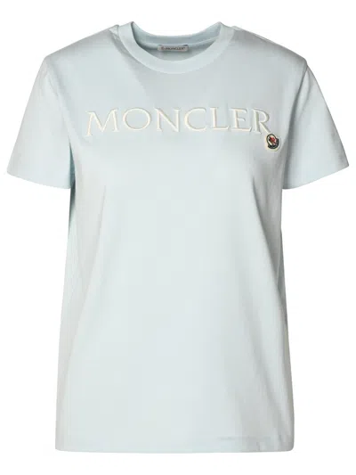 Shop Moncler Woman  Light Blue Cotton T-shirt