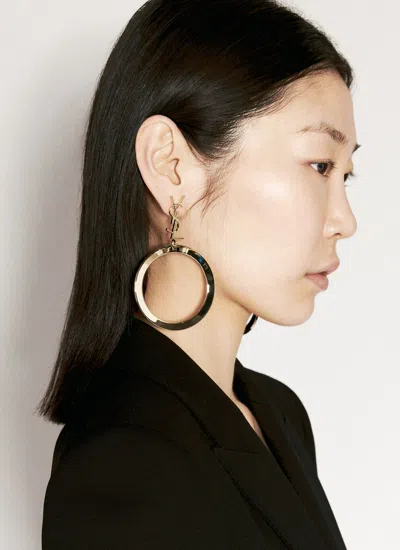 Shop Saint Laurent Women Cassandre Pendant Hoop Earrings In Gold