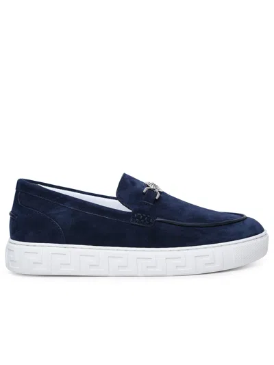 Shop Versace 'medusa' Navy Leather Loafers Man In Blue