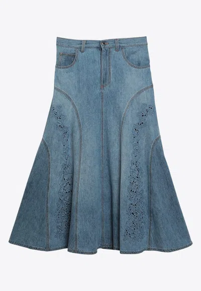 Shop Chloé Broderie Anglaise Flared Denim Midi Skirt In Blue
