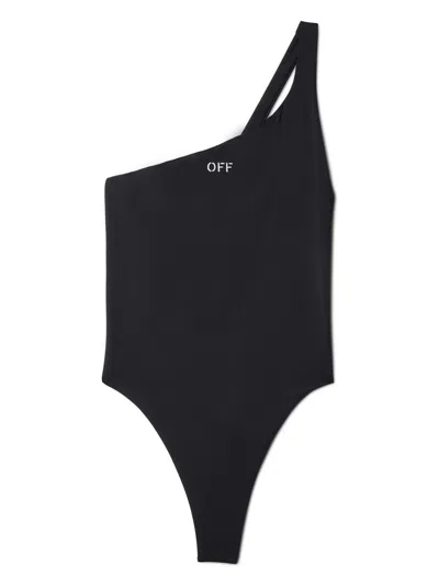 Shop Off-white One-shoulder One-piece Swimsuit With Print In Black