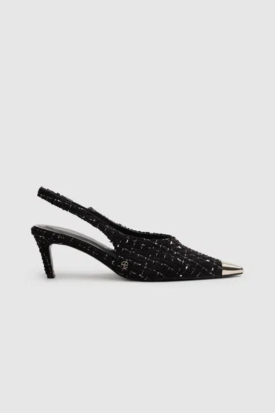 Shop Anine Bing Nina Heels With Metal Toe Cap In Black And White Tweed