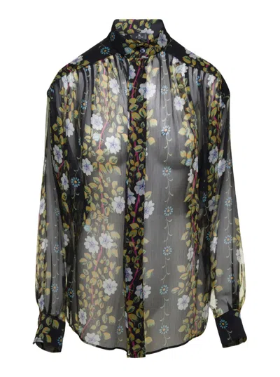 Shop Etro Black Semi-sheer Floral Print Blouse In Silk Woman