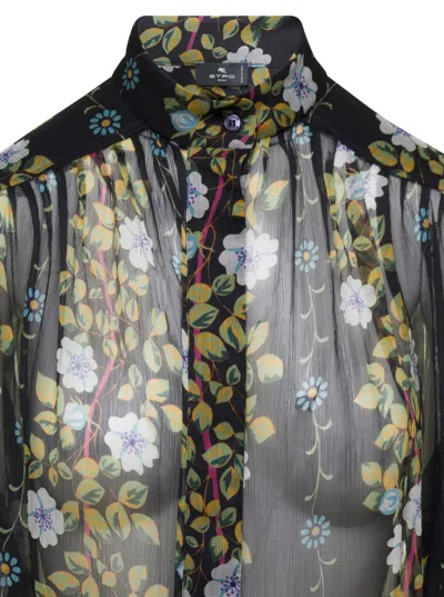 Shop Etro Black Semi-sheer Floral Print Blouse In Silk Woman