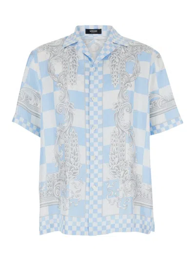 Shop Versace Light Blue Bowling Shirt With Barocco Print In Silk Man