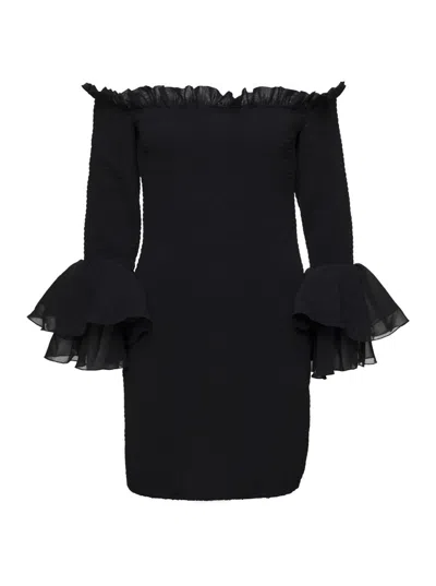 Shop Rotate Birger Christensen Black'bellina' Shirred Mini Dress In Chiffon Woman