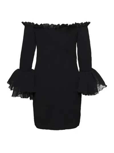 Shop Rotate Birger Christensen Black'bellina' Shirred Mini Dress In Chiffon Woman